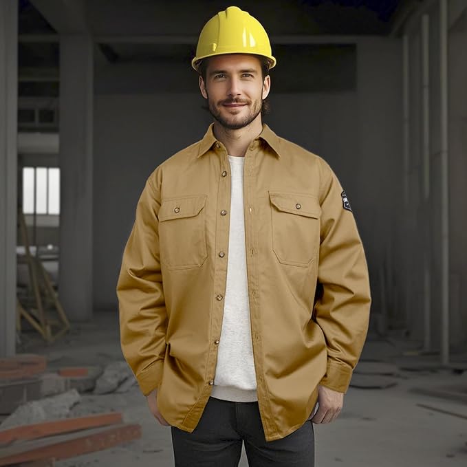 Welding Shirt 7.5oz FR Shirts for Men, 100% C Flame Resistant Welding Jacket with Reinforced Sewing, Durable Men's Fire Retardant FR Clothing for Men, Meets NFPA2112, Khaki-ZRND 4XL