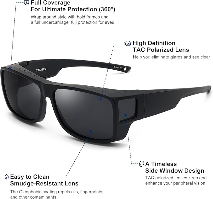 CAXMAN Fit Over Glasses Sunglasses Polarized Wrap Around Sunglasses with Side Window Shields for Full Protection