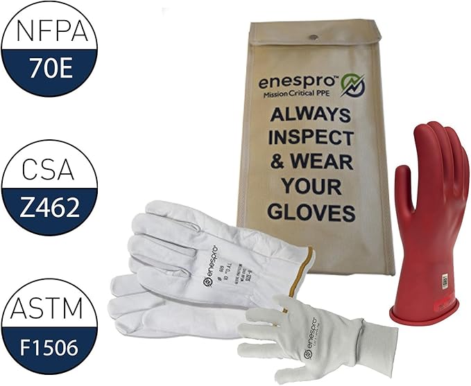 Class 0 Yellow Rubber Voltage Insulating Glove Premium Kit with FR Knit Glove and Leather Protectors