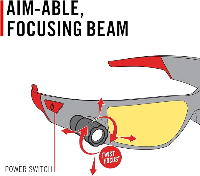 CoastSPG500 Rechargeable Lighted LED SafetyGlasses,Bulls-Eye Spot Beam,ANSI Z87Standards, 2Scratch Resistant Lenses (Clear,Yellow) Included, UVProtection, Protective Carrying Case Included (Black/Red)