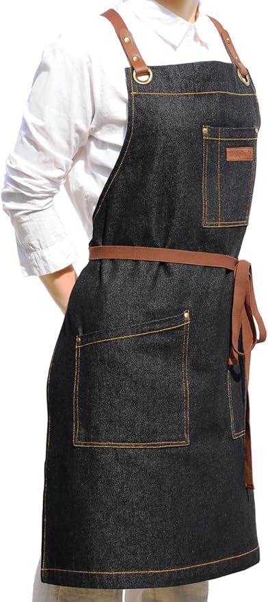 Black Denim Apron with Pockets for Women Men, for Chef Kitchen Cooking Hairstylist BBQ Grill Painting, Leather Cross Back Straps & Adjustable S to XXL