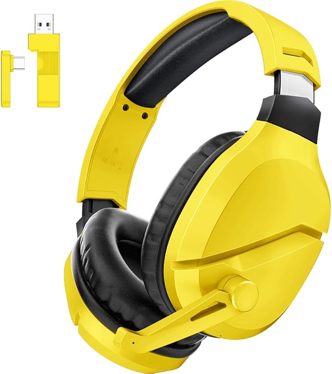 Wireless Gaming Headset with Noise Canceling Microphone for PS5, PC, PS4, 2.4G/Bluetooth Gaming Headphones with USB and Type-c Connector, Wired Mode for Controller - Yellow