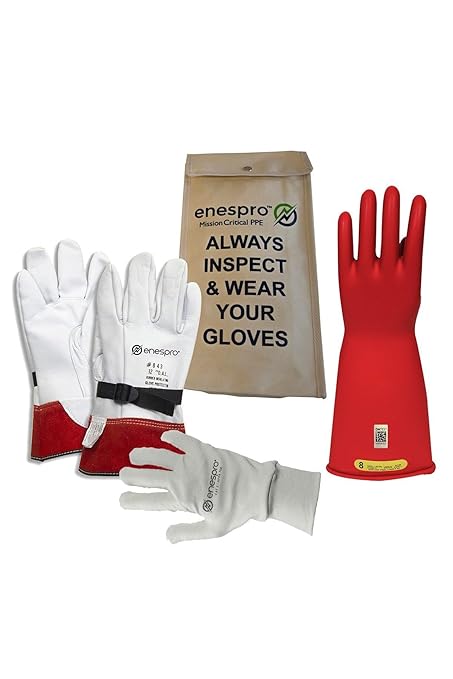 Class 2 Red Rubber Voltage Insulating Glove Premium Kit with FR Knit Glove and Leather Protectors, Max. Use Voltage 17,000V AC/ 25,500V DC, KITGC2R10AG
