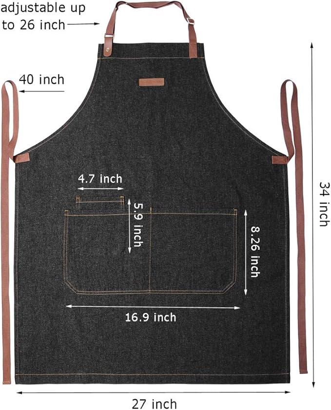 Denim Kitchen Apron with Pockets, Mens Womens Professional Chef Bib Apron for Cooking Grill BBQ Server