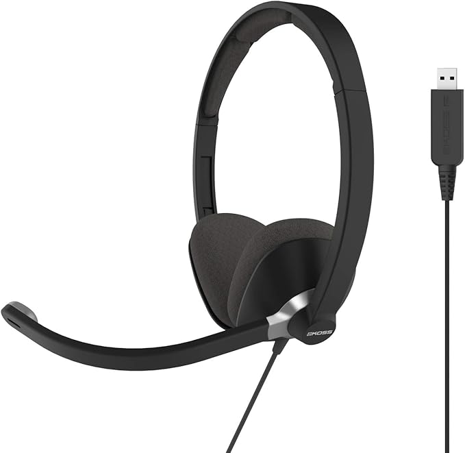 Koss CS300-USB Double-Sided On-Ear Communication Headset, Noise Cancelling Electret Microphone, Flexible Microphone Arm, Wired with USB Plug, Black