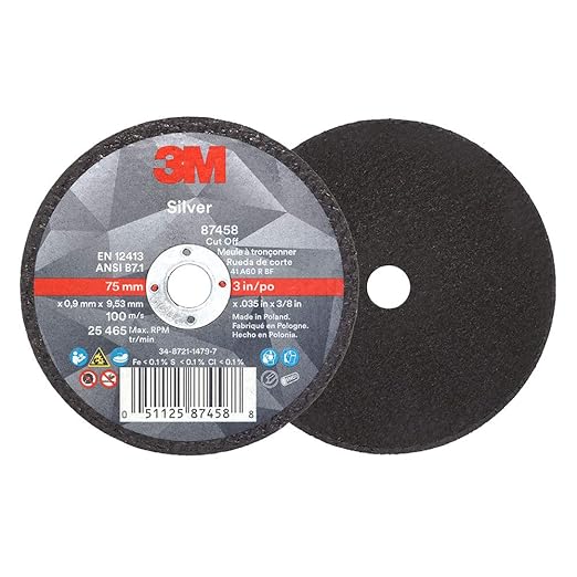 3M Silver Cut-Off Wheel, 87458, T1, 3 in x .035 in x 3/8 in, Pack of 25, Precision Shaped Grain, Pipe Cutting, Stainless and Mild Steel, Metal Fabrication, Metalworking