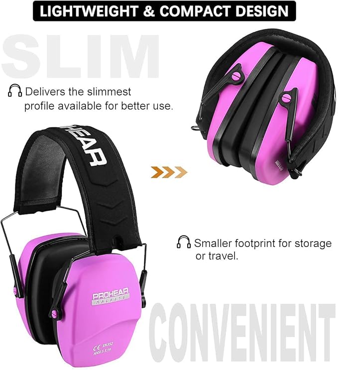 PROHEAR 016 Ear Protection Safety Earmuffs for Shooting, NRR 26dB Noise Reduction Slim Passive Hearing Protector with Low-Profile Earcups, Compact Foldable Ear Defenders for Gun Range, Hunting (Pink)
