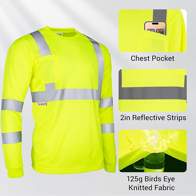 Hi Vis Class 3 Reflective Safety Shirt - Fluorescent Yellow for Construction, Road Work, Night Safety
