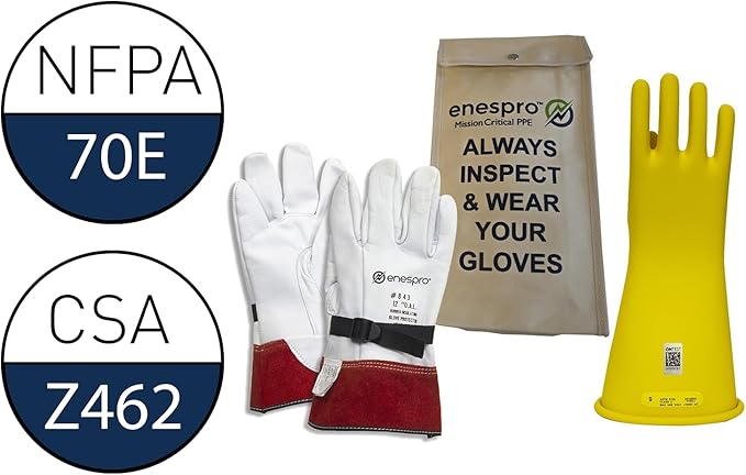 Enespro Class 2 Yellow Rubber Voltage Insulating Glove Kit with Leather Protectors, Max. Use Voltage 17,000V AC/ 25,500V DC (KITGC2Y12)