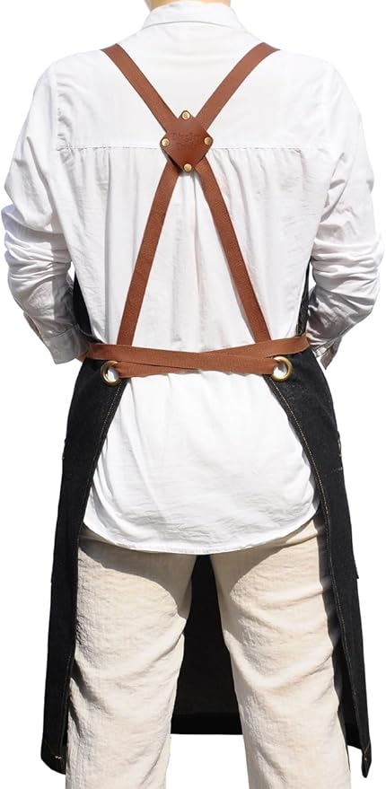 Black Denim Apron with Pockets for Women Men, for Chef Kitchen Cooking Hairstylist BBQ Grill Painting, Leather Cross Back Straps & Adjustable S to XXL