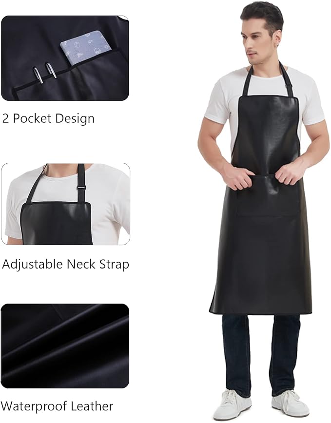 Waterproof Apron, Heavy Duty Work Apron, Artificial Leather Apron Ideal for Chef,Butcher,Barber,Cleaning