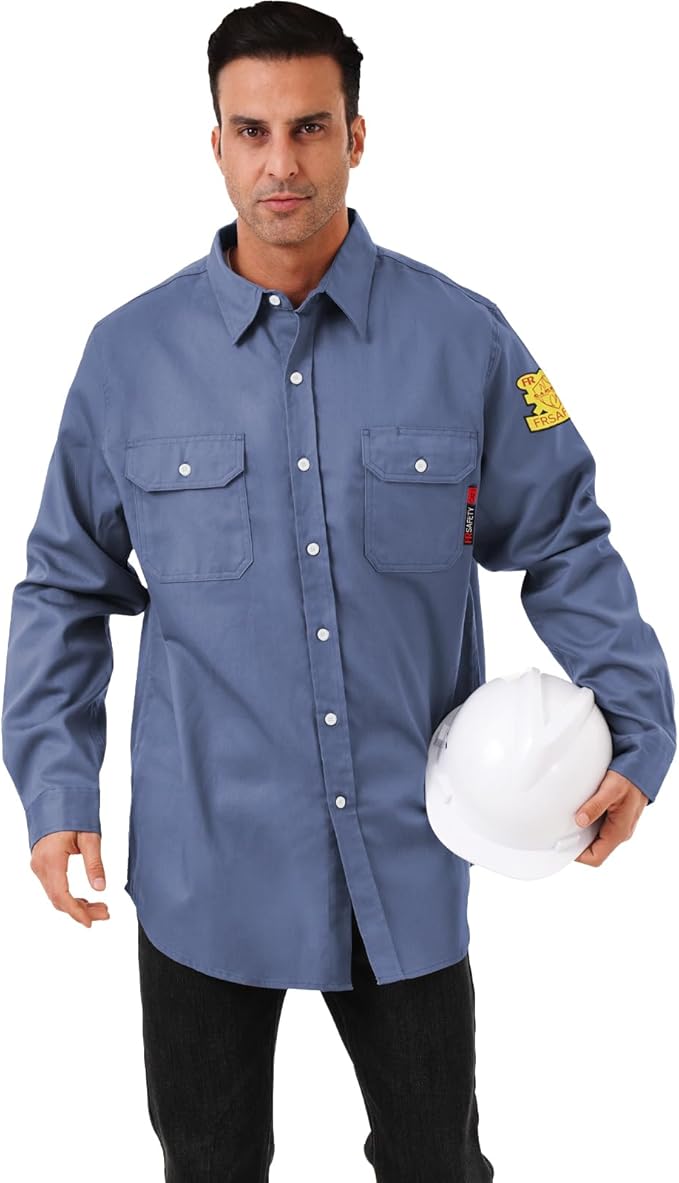 FR Shirts for Men 7oz Hi Vis Fire Resistant Shirts NFPA CAT2 Welding Shirt 100% Cotton Flame Resistant Shirt Light Blue(5X-Large)