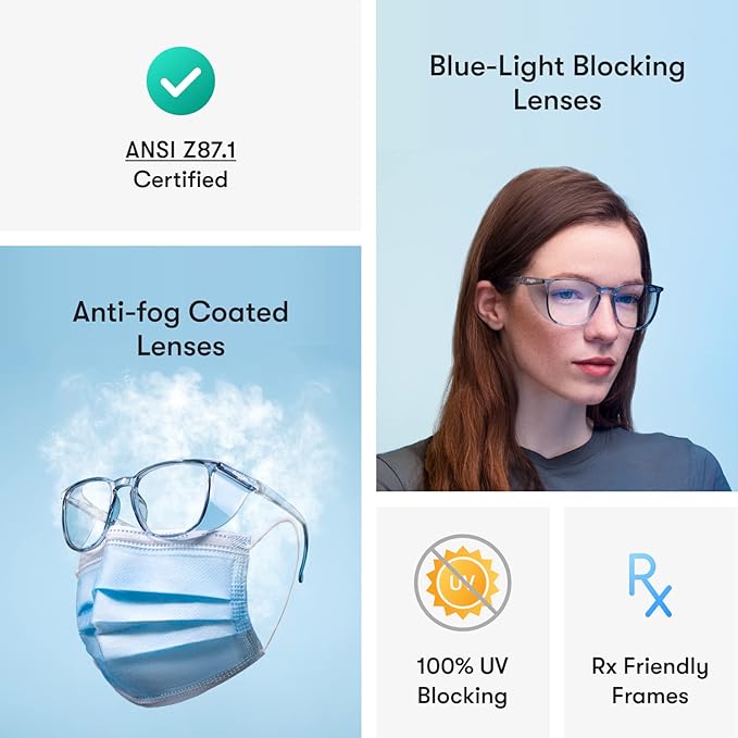 Stoggles Rectangle Z87.1 Certified Safety Glasses, Blue-Light, UV Blocking Lens, Top & Side Shield, Anti-Fog, Stylish Eyewear