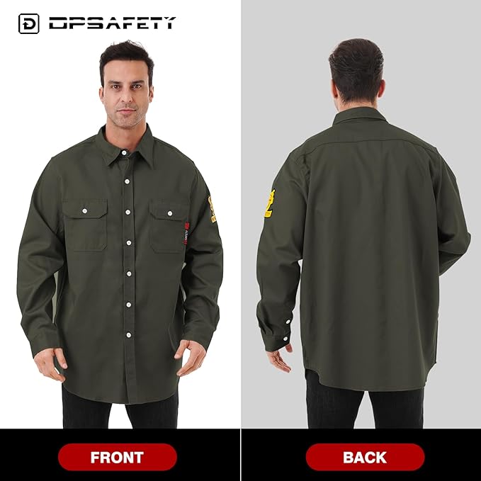FR Shirts for Men 7oz Hi Vis Fire Resistant Shirts NFPA CAT2 Welding Shirt 100% Cotton Flame Resistant Shirt Dark Green(Medium)