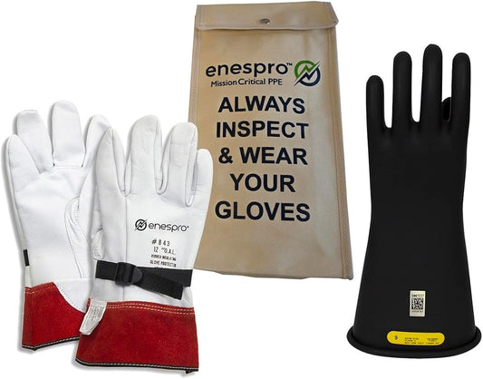 Enespro Class 2 Black Rubber Voltage Insulating Glove Kit with Leather Protectors, Max. Use Voltage 17,000V AC/ 25,500V DC (KITGC2B08)