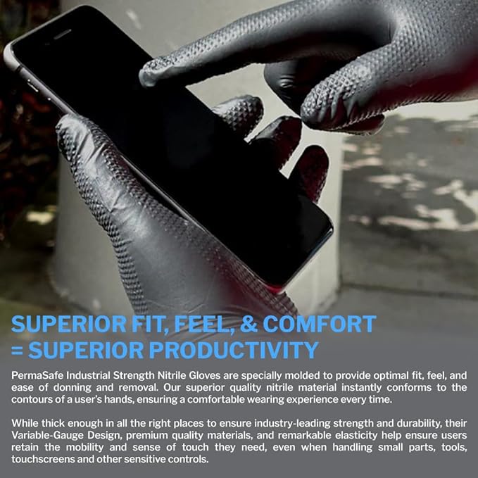 PermaSafe HD Black Disposable Nitrile Industrial Gloves, 6+ Mil, Latex-Free, Raised Textured, Mechanics, Medical, Food, More