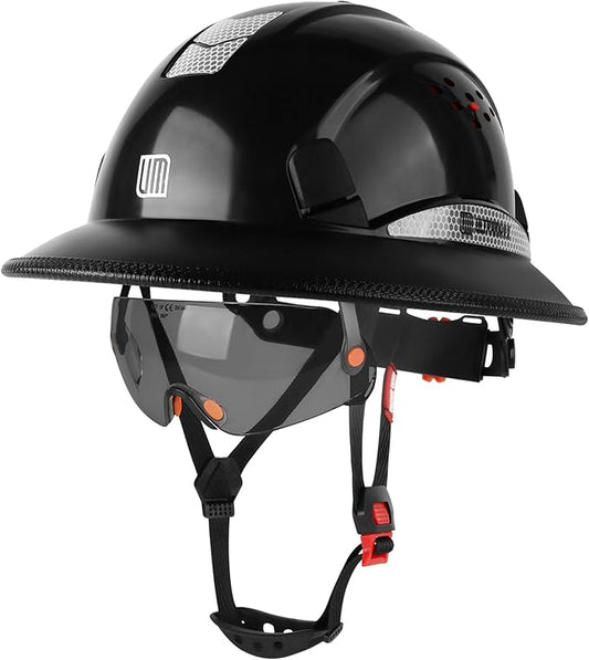 Full Brim Hard Hat with Built-in Visor, ANSI Z89.1 OSHA Approved Construction Safety Helmet with Chin Strap for Men Women