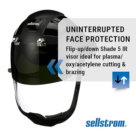 Sellstrom DP4 Face Shield - Lightweight Mask with High Impact Crown & Ratchet Headgear for Work, Grinding, Plasma/Flame Cutting - ANSI Z87.1 - Clear Anti Fog Polycarbonate Window - UV/IR Flip Up Visor