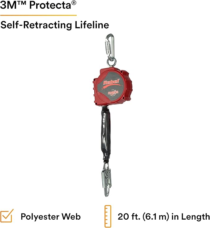 3M DBI-SALA 20' PROTECTA Rebel Single Leg Self-Retracting Polyester Web Lifeline with Steel Snap Hook, Swiveling Anchorage and Anchorage Carabiner,3100431,Red/Black