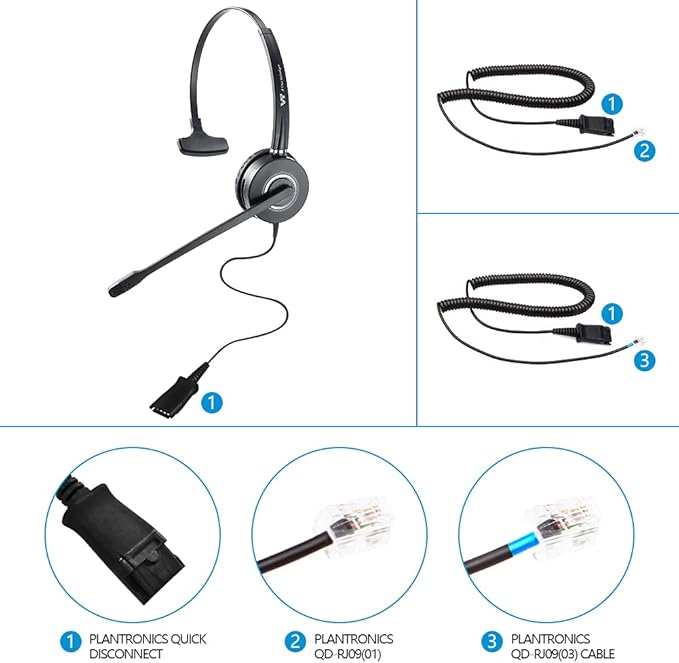 VT Telephone-Headset Microphone Noise-Cancelling Headphone QD - Quick Disconnect Call Center Headset with RJ09 Cables Compatible with Polycom,Yealink,Grandstream,Snom,Fanvil,Mitel Phones (Mono)