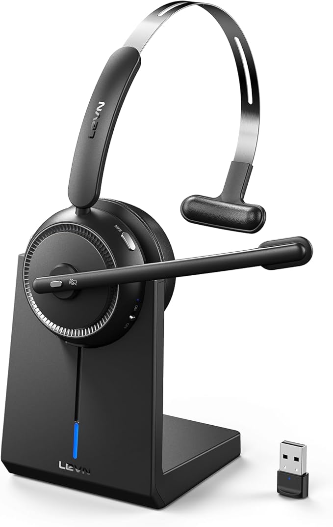 LEVN Wireless Headset 5.2 for Call Center, Bluetooth Headphones with Mic for Work(Noise Cancelling), 65 Hours Woktime & Mute Button,Wireless Headset for Work from Home/Office/PC/Computer/Laptop(Black)