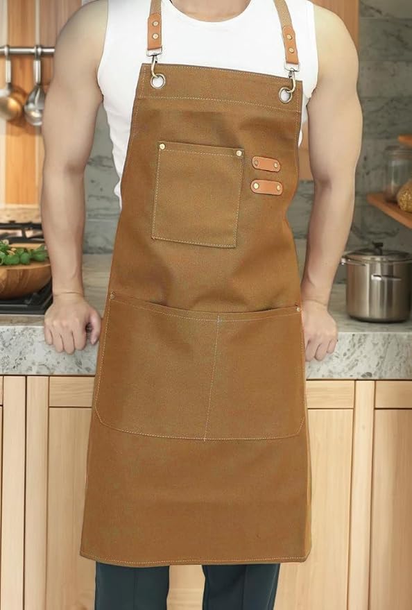 EUDOLAH Chef Aprons for Women Men with Large Pockets Cooking Aprons Canvas Cross Back Water Repellent Work Apron