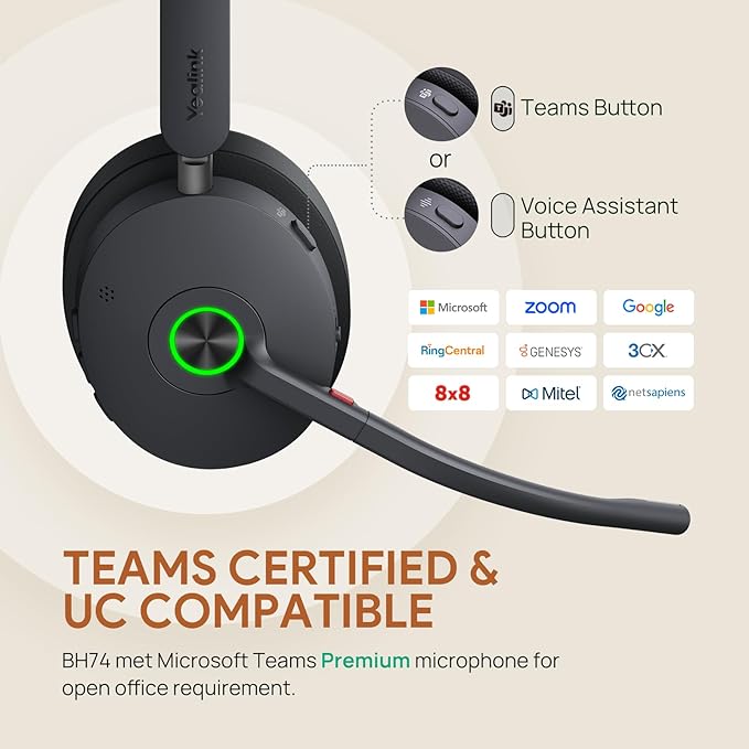 Yealink BH74 ANC Wireless Bluetooth Headset with Mic for Work, 6-mics Hybrid ANC Tech, Microsoft Teams Premium Open Ofﬁce Certified Headsets, up to 32h Talking Battery Life, Zoom Certified