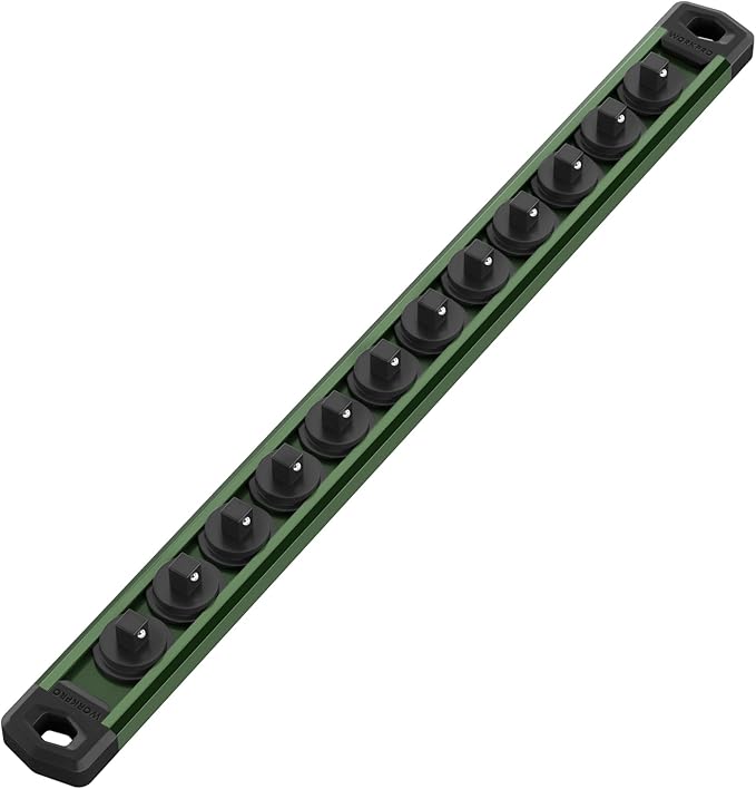 WORKPRO Magnetic Socket Organizer, 1/4-Inch Drive Aluminum Alloy Socket Rail, Heavy Duty Socket Holder, Socket Rack Kit 1/4-Inch x 12 Clips Green (Socket not Included)