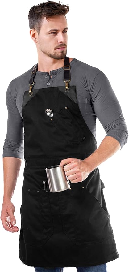 Under NY Sky Barista Apron - Black Leather Straps and Reinforcement - Riveted Pockets - Double Stiched - Leather Ring Loop - Professional Black Twill - Double as Half Bistro Apron - Chefs, Bartender