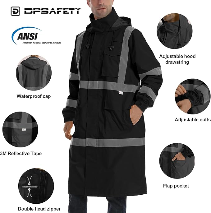 Hi Vis Rain Jacket with 3M Reflective Stripe,High Visibility Class 3 Rain coats,Safety Waterproof Rain Suits for Men with Hood and 2 Large Pockets construction work rain gear(Black S)