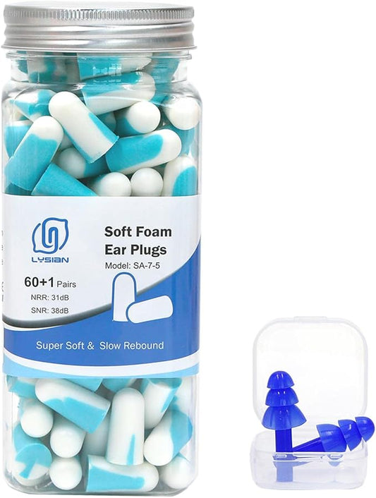 LYSIAN Noise Cancelling Earplugs for Sleep - 60 Pairs, 38dB Disposable Ear Plugs for Sleeping, Snoring, Shooting, Mowing Loud Sound Reduction- Double Color Light Blue/White