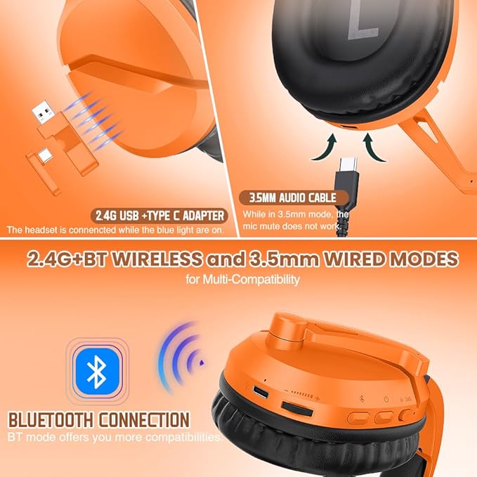 Wireless Gaming Headset with Noise Canceling Microphone for PS5, PC, PS4, 2.4G/Bluetooth Gaming Headphones with USB and Type-c Connector, Wired Mode for Controller - Orange