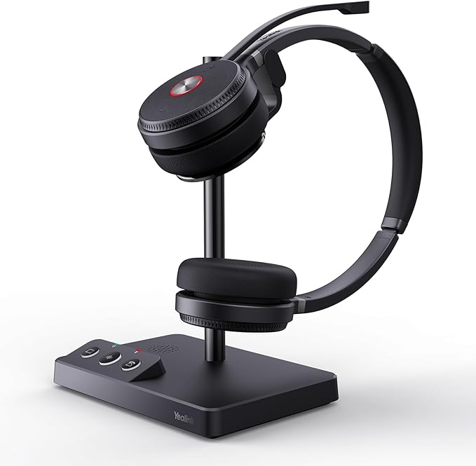 Yealink WH62 Dual UC DECT Wireless Headset, 525 ft Long Range, Work Headphones with Base, 2X Noise Canceling Mic for IP Phone and Computer, Office Headsets Call Control, Ringer,14H Talk Time