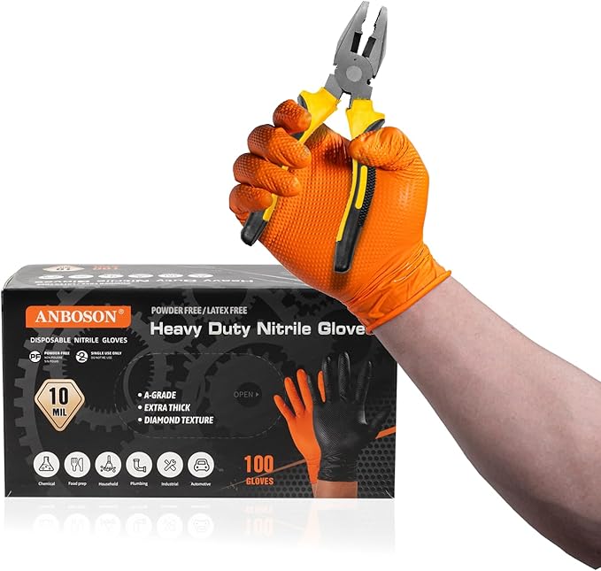 10 Mil Nitrile Disposable Gloves Heavy Duty Mechanic Gloves Raised Diamond Texture Thick Orange, 100 Pack Large