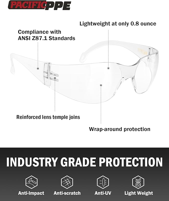 PACIFIC PPE 18 Pack Safety Glasses for Men and Women, ANSI Z87 Protective Eyewear with Scratch Resistant Clear Wraparound Lenses, Adjustable Goggles for Lab, Work and Shooting