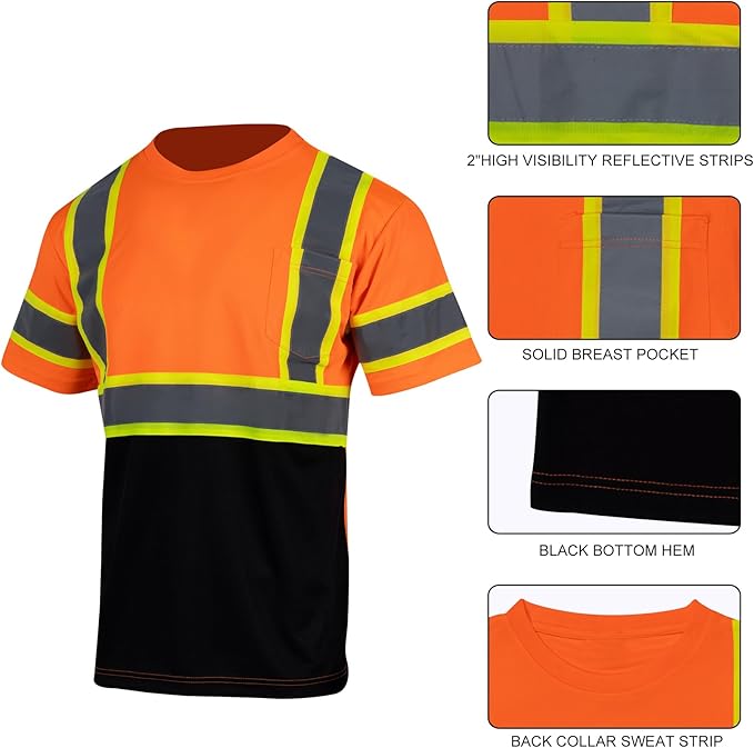 VENDACE Hi Vis Reflective Safety Shirts for Men ANSI Class 3 High Visibility Construction Work T Shirt(Orange,2XL)