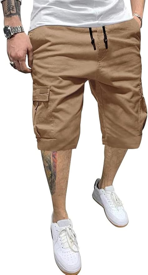 JMIERR Mens Casual Twill Cargo Shorts Cotton Drawstring Classic Cargo Stretch Short with 6 Pockets