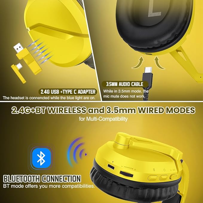 Wireless Gaming Headset with Noise Canceling Microphone for PS5, PC, PS4, 2.4G/Bluetooth Gaming Headphones with USB and Type-c Connector, Wired Mode for Controller - Yellow
