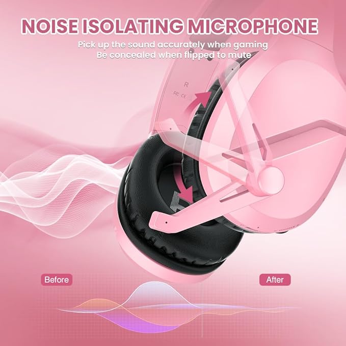 Wireless Gaming Headset with Noise Canceling Microphone for PS5, PC, PS4, 2.4G/Bluetooth Gaming Headphones with USB and Type-c Connector, Wired Mode for Controller - Pink