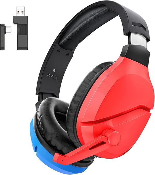 Wireless Gaming Headset with Noise Canceling Microphone for PS5, PC, PS4, 2.4G/Bluetooth Gaming Headphones with USB and Type-c Connector, Wired Mode for Controller - Blue and Red