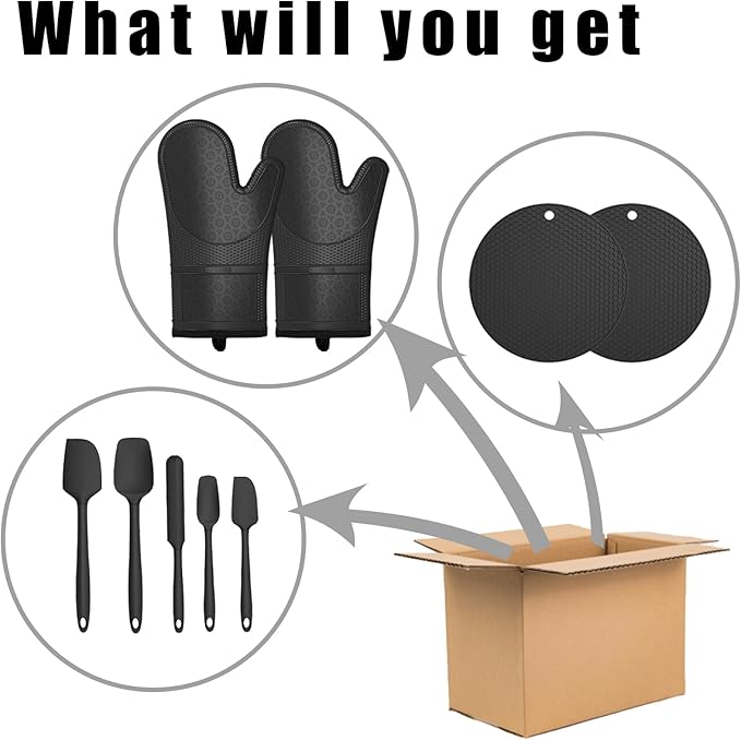 Oven Mitts with Heat-Resistant Hot Pads and Five Silicone Spatulas Designed for Kitchen Baking Cooking, Oven Glove Soft Cotton Lining, Waterproof, BPA-Free (Black, 12.6)