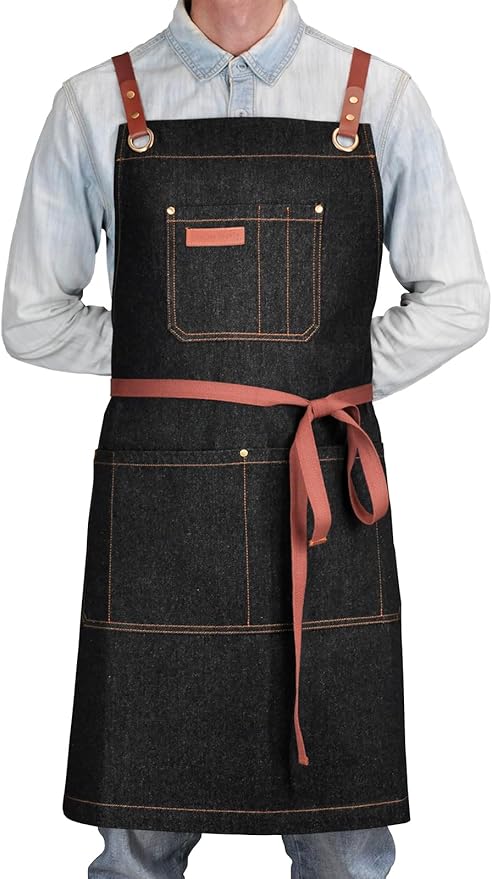 Professional Black Denim Apron with Pockets for Cooking Chef Kitchen Grill BBQ Hairstylist Painting, Mens Womens Apron with Leather Cross Back Straps