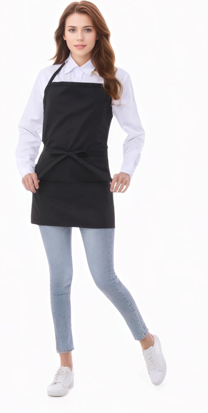 Short Cotton Aprons for Women with 3 Pockets, Chef Apron for Unisex,Waitress Apron for Kitchen Cooking Restaurant BBQ