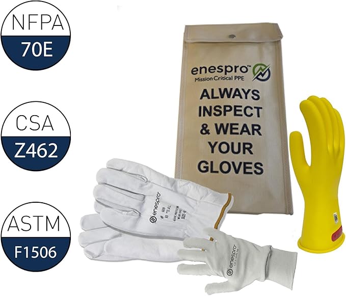 Class 0 Yellow Rubber Voltage Insulating Glove Premium Kit with FR Knit Glove and Leather Protectors