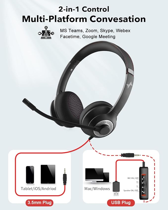USB Headset with Microphone for PC, On-Ear Computer Laptop Headphones with Noise Cancelling Microphone in-line Control for Home Office Online Class Skype Zoom (USB+3.5mm, Black)