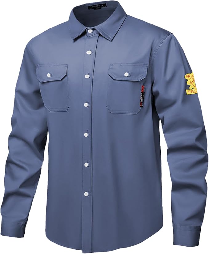 FR Shirts for Men 7oz Hi Vis Fire Resistant Shirts NFPA CAT2 Welding Shirt 100% Cotton Flame Resistant Shirt Light Blue(Large)
