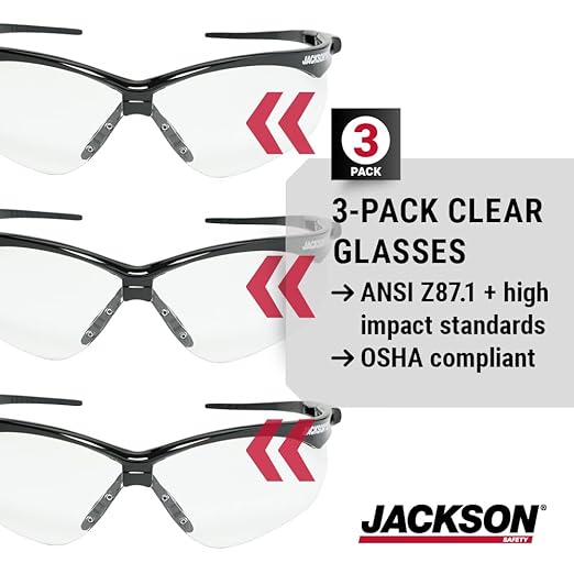 Jackson Safety SG Safety Glasses - Eye Protection for Men & Women - Anti-Scratch Lens with Black Frame - ANSI Z87.1 - Pack of 3 (Multiple Styles)