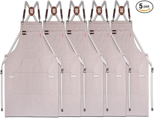5 Pack Kitchen Apron, Work Apron, Canvas, Multiple Pockets, Gardening, Painting, BBQ, Artist, Carpenter, Sizes M to XXL, Grey