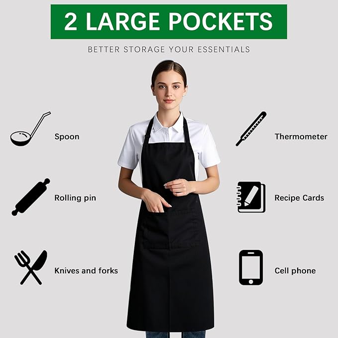 Bib Apron - Unisex Black Aprons 6 Pockets Cooking Kitchen Apron for Chef,BBQ Drawing aprons black (6 PCS)