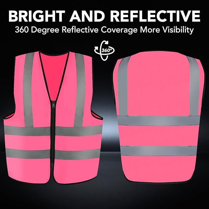 3-Pack Reflective Safety Vest For Women Men - High-Visibility Safety Vest with 2in Reflective Strips for Emergency, Construction, and Safety Use-Pink XL
